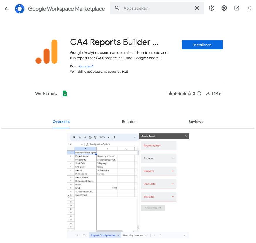 GA4 Spreadsheet Add-on van Google